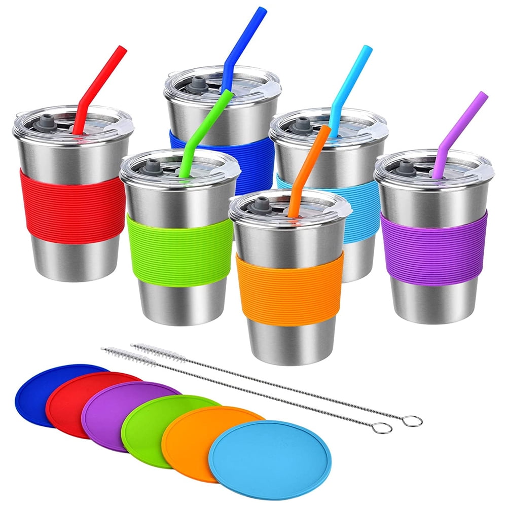 EIMELI 6Pack Kids Cups with Straw and Lid, Spill Proof 12oz Stainless
