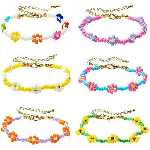 EIMELI 6PCS Colorful Daisy Flower Bead Bracelets Set Indie Handmade Beaded Flower Bracelets Anklets Vsco Boho Beach Summer Braided String Y2K Aesthetic Kidcore Jewelry for Women Teen Girls