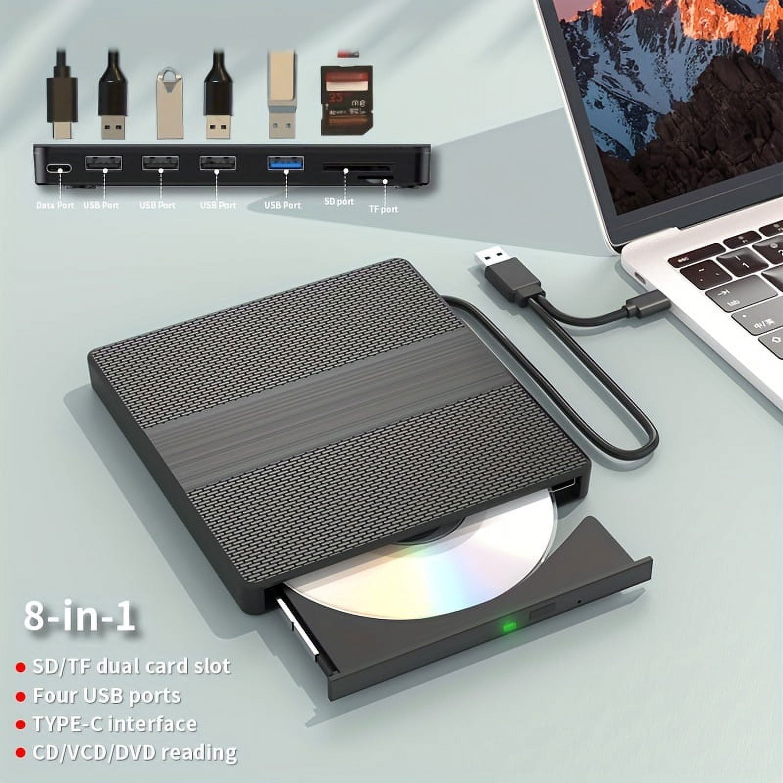 EIMELI 8in1 Portable External DVD Drive USB 3.0 & TypeC CD/VCD/DVD