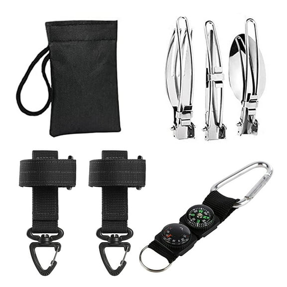 EIMELI Camping Tableware Tool ,1 Set Foldable Stainless Steel Spoon Fork Knife & Nylon Storage Bag -3 in 1 Multifunctional Design Compass -2 Glove Holder Buckle Belt Hook Anti-lost Rope