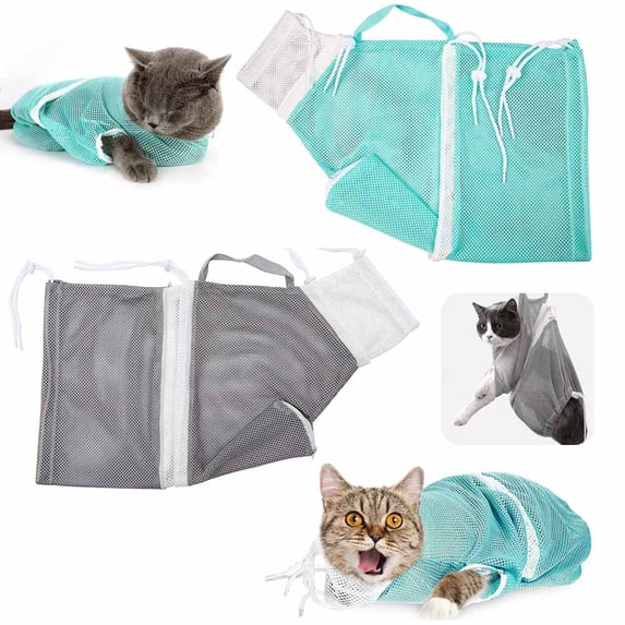 EIMELI Cat Shower Net Bag Anti-Bite and Anti-Scratch For Pet Bathing, Nail Trimming Drawstring Adjustable Breathable Restraint Bag Multifunctional Grooming Protective Bag