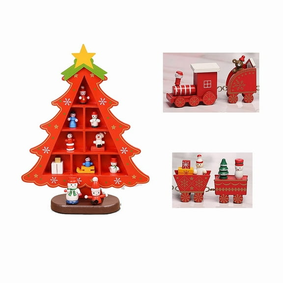 EIMELI Christmas Decorations Wooden Christmas Tree and Cute Wooden Mini Train Creative Scene Layout Ornaments Three-dimensional Red Xmas Table Desktop Decoration