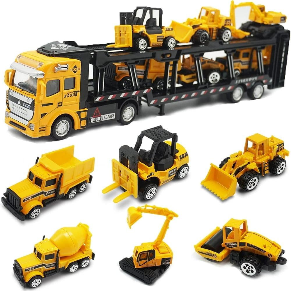 EIMELI Construction Truck Toy Die-cast Play Vehicle Set with 6Pcs Mini Crane Mixer Dump Excavator Car