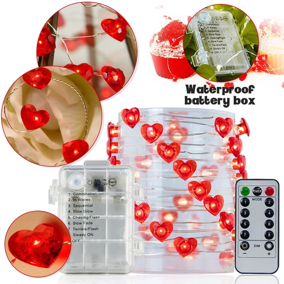 EIMELI Fairy String Lights 10 FT 40 LEDs Red Heart Shaped with Remote & Timer
