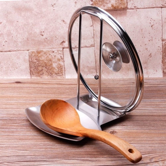 EIMELI Lid and Spoon Rest, Stainless Steel Pan Pot Cover Lid Rack Stand Spoon Rest Stove Organizer Storage Soup Spoon Holder for Home Kitchen and Bar Tools, Silver