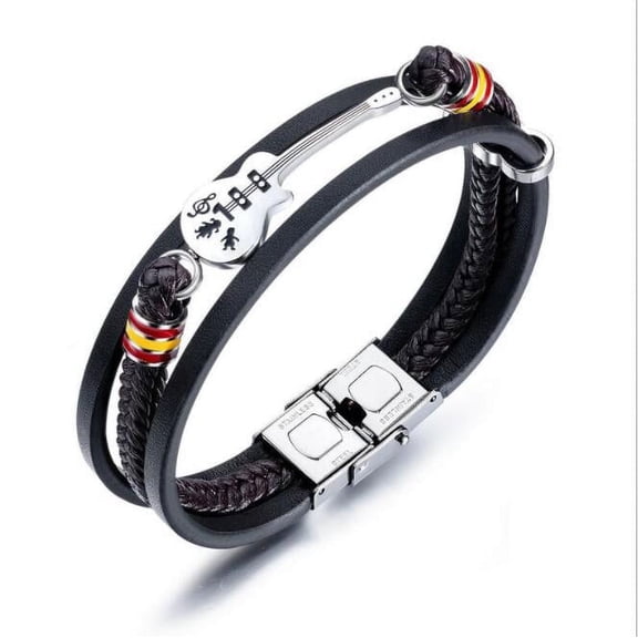 EIMELI Mens Womens Leather Cuff Bracelet Handmade Black Multi-layer Cowhide Woven Rope Guitar Bangle, 8.3inch[Adjustable]
