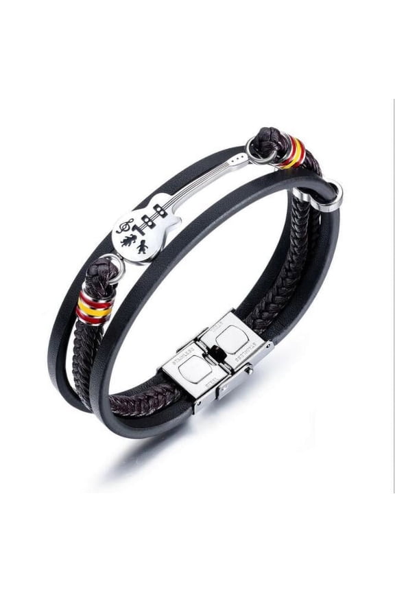 Mens Womens Leather Cuff Bracelet Handmade Black Multi-layer Cowhide Woven Rope Guitar Bangle, 8.3inch[Adjustable]