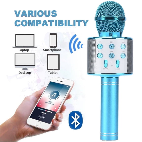 EIMELI Microphone for Kids, Wireless Bluetooth Karaoke Microphone MP3 Players with LED Lights, Toys for Girls Boys Adults All Age - Blue