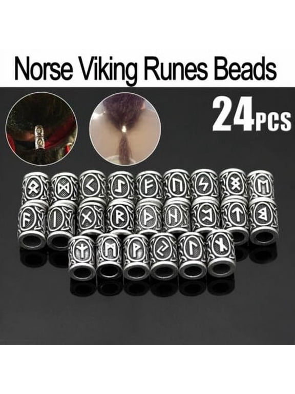 Norse Viking Rune Hair Beads Beard Necklace DIY Pendant Hair Ring Viking Norse Compass Rune Talisman Pendant for Hair Braids Antique ,24 Pieces Silver