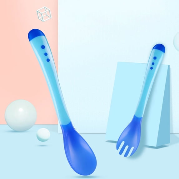 EIMELI Soft Silicone Baby Spoon&Fork Set Feeding Set Pre Spoon Utensil Set Device Tip Heat Sensitive Utensils BPA Free Multi Color Infant Spoon Fork 2PCS(Blue)