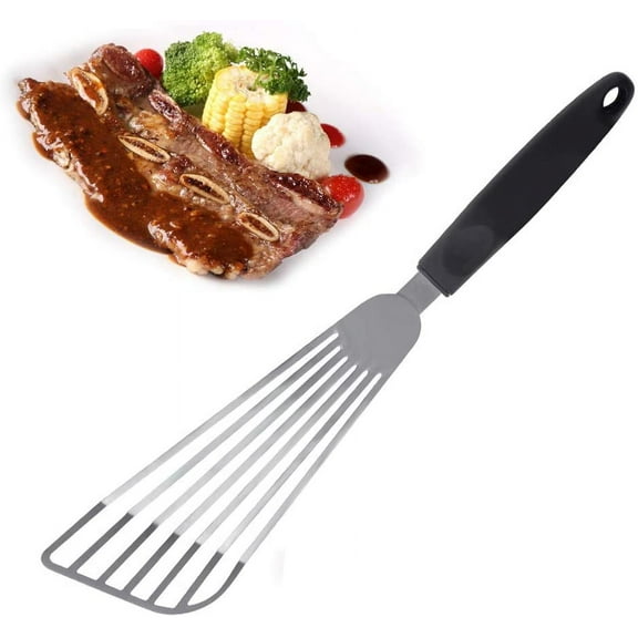 EIMELI Stainless Steel Fish Spatula, Non-Slip Ergonomic Handle Slotted Spatula, Black