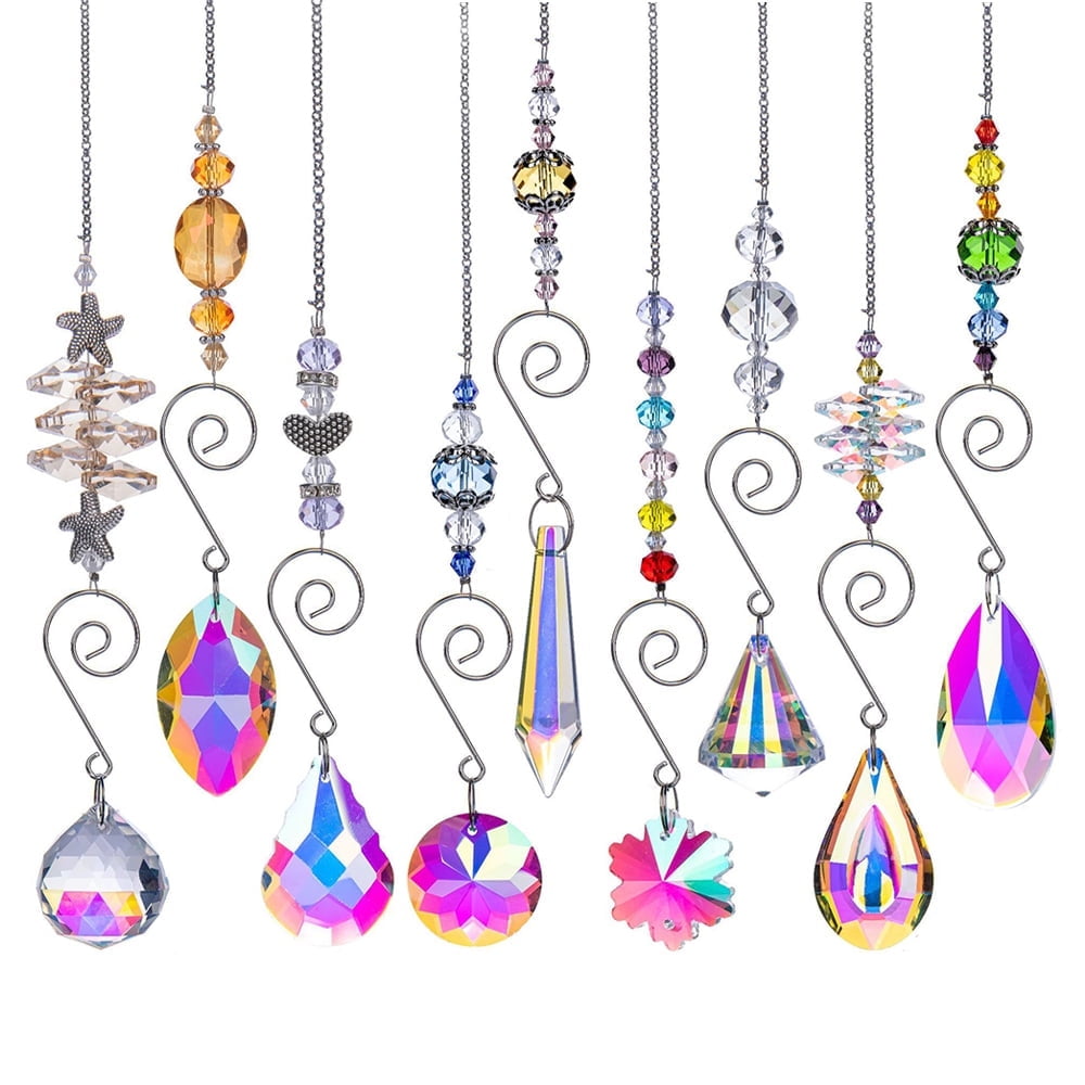 EIMELI Sun Catchers With Crystals,9 PCS Hanging Crystals Suncatchers,Colored Crystals Prisms Glass Pendant Suncatchers Beads For Window Garden Decoration