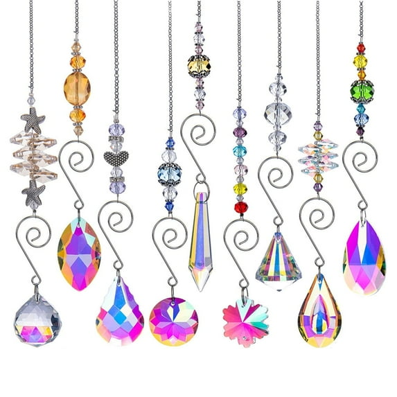EIMELI Sun Catchers With Crystals,9 PCS Hanging Crystals Suncatchers,Colored Crystals Prisms Glass Pendant Suncatchers Beads For Window Garden Decoration