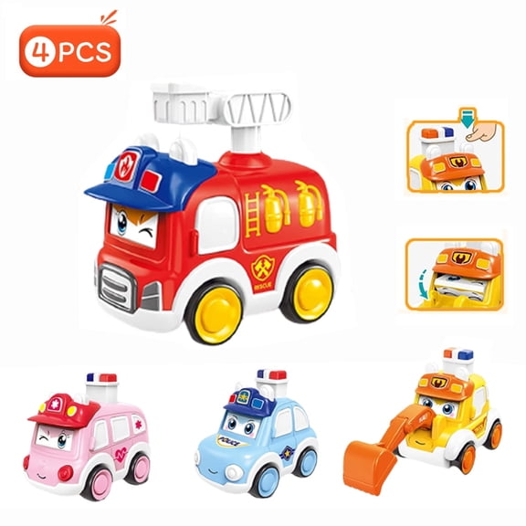 EIMELI Toddler Push Go Cars Toy Wind Up Cars 4PCS , Friction Powered Press Vehicles Infant Gift for 2 Years Old Baby Boys Girls(1*Police car+1*Ambulance+1*Engineering Vehicle+1*Fire Truck)