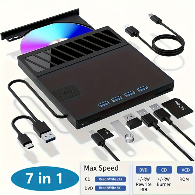 EIMELI UltraSlim 7in1 USB External CD/DVD Drive for Laptops