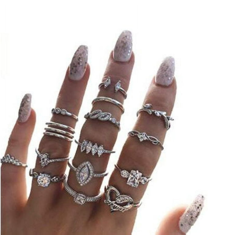 EIMELI Vintage Silver Knuckle Stackable Ring Set Chic Stackable Joint Rings  Rhinestone Knuckle Finger Rings Set for Women Girls (Pack of 15)