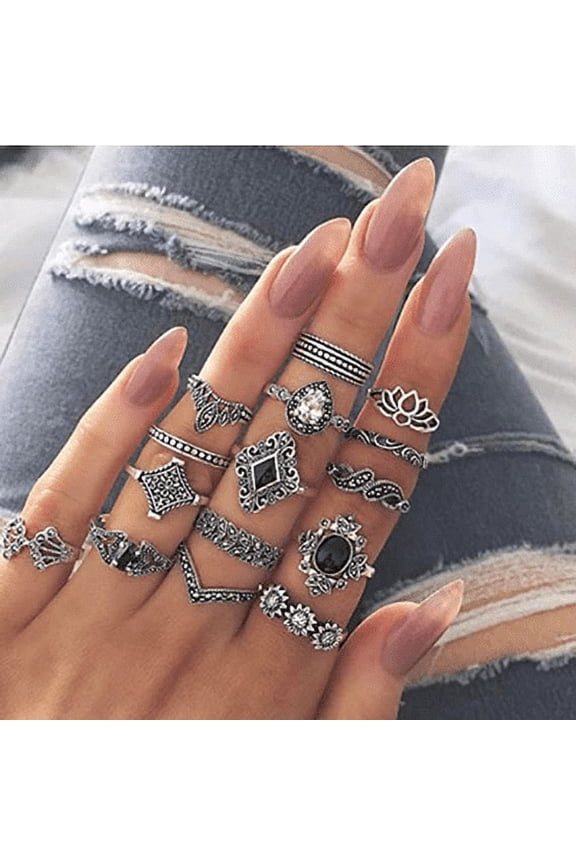 15pcs/Set Women Bohemian Vintage Silver Stack Rings Above Knuckle Blue Rings Set