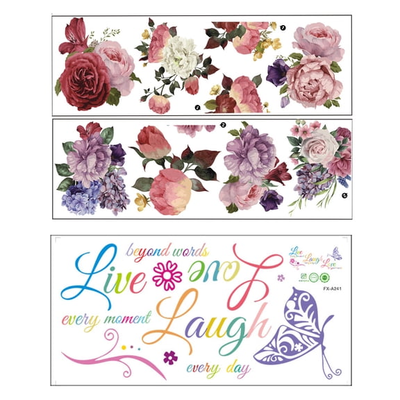 EIMELI Wall Stickers Floral Wall Decals for Bedroom,2Pcs Large Flower Wall Stickers Watercolor Floral Wall Decals,1Pc Colorful Inspirational Quote Wall Decal
