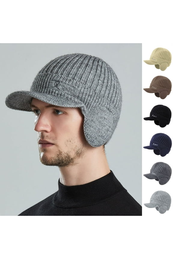 Winter Beanie w/Visor & Earflaps for Men Outdoor Winter Knitted Hat