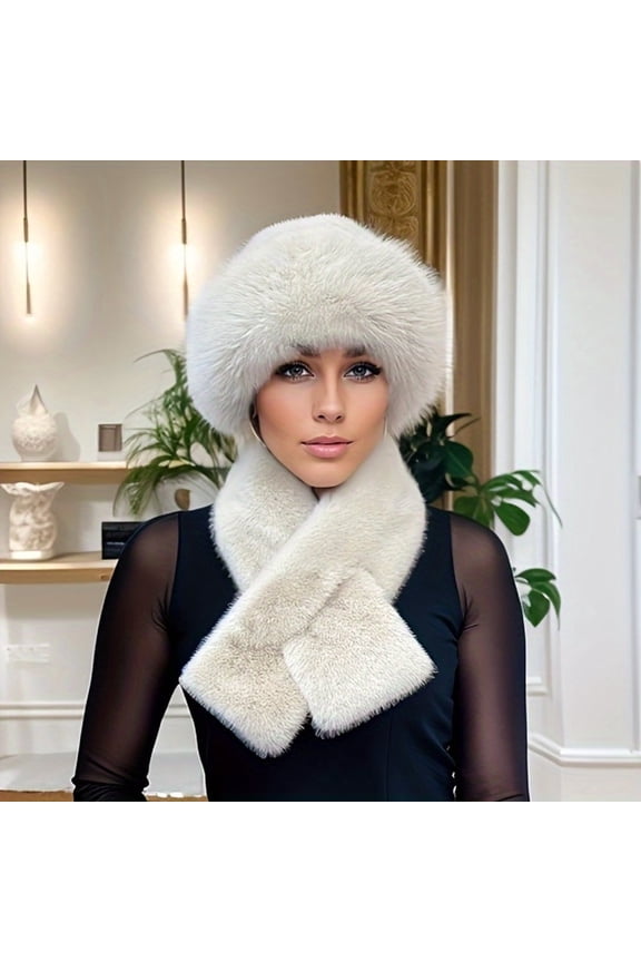 Women‘s 2-Piece Set Thick Warm Faux Fur Hat and Scarf Combo Polyester Knit Winter Ear Warmer Cap with Toggle Closure Fashionable Mongolian Style Hat Solid Color Hand Wash Only -