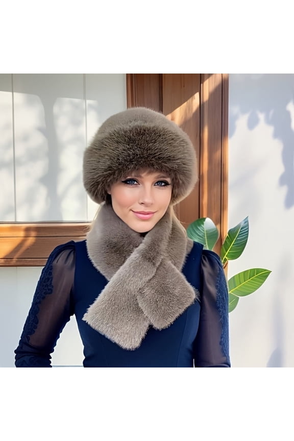 Women‘s 2-Piece Set Thick Warm Faux Fur Hat and Scarf Combo Polyester Knit Winter Ear Warmer Cap with Toggle Closure Fashionable Mongolian Style Hat Solid Color Hand Wash Only -