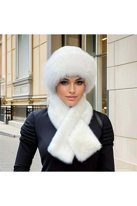 Women‘s 2-Piece Set Thick Warm Faux Fur Hat and Scarf Combo Polyester Knit Winter Ear Warmer Cap with Toggle Closure Fashionable Mongolian Style Hat Solid Color Hand Wash Only -