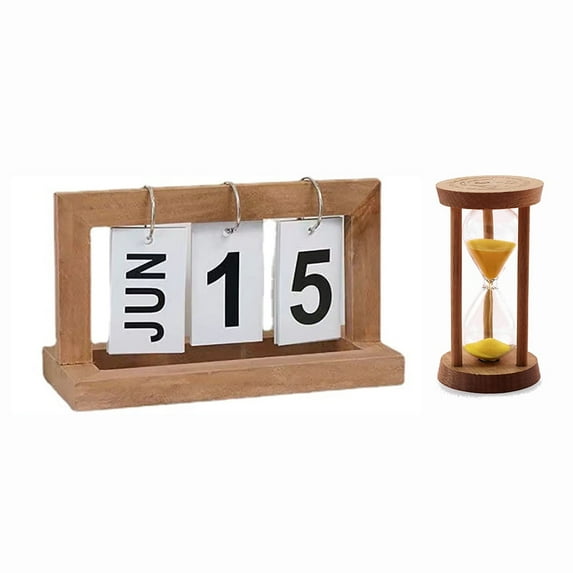 EIMELI Wooden Perpetual Desk Calendar - Home and Office Decor,Wooden Page-turning Calendar and Three-minute Hourglass Ornament Study Desk Decoration