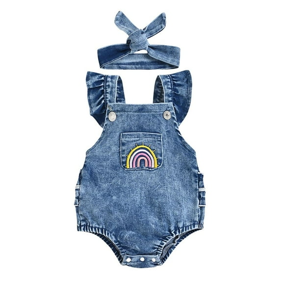 EINCcm Baby Romper Girls Romper Baby Girl Jumpsuit Infant Girls Sleeveless Jumpsuit Denim Rainbow Print Romper Headband 2pcs Set, for Toddler Baby Girls, Blue, 18-24 Months