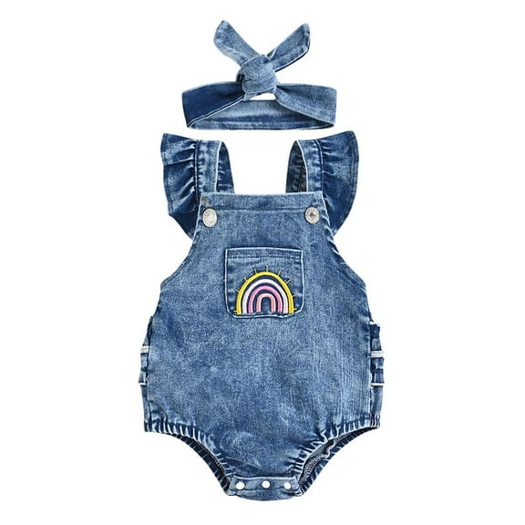 EINCcm Baby Romper Girls Romper Baby Girl Jumpsuit Infant Girls Sleeveless Jumpsuit Denim Rainbow Print Romper Headband 2pcs Set, for Toddler Baby Girls, Blue, 12-18 Months