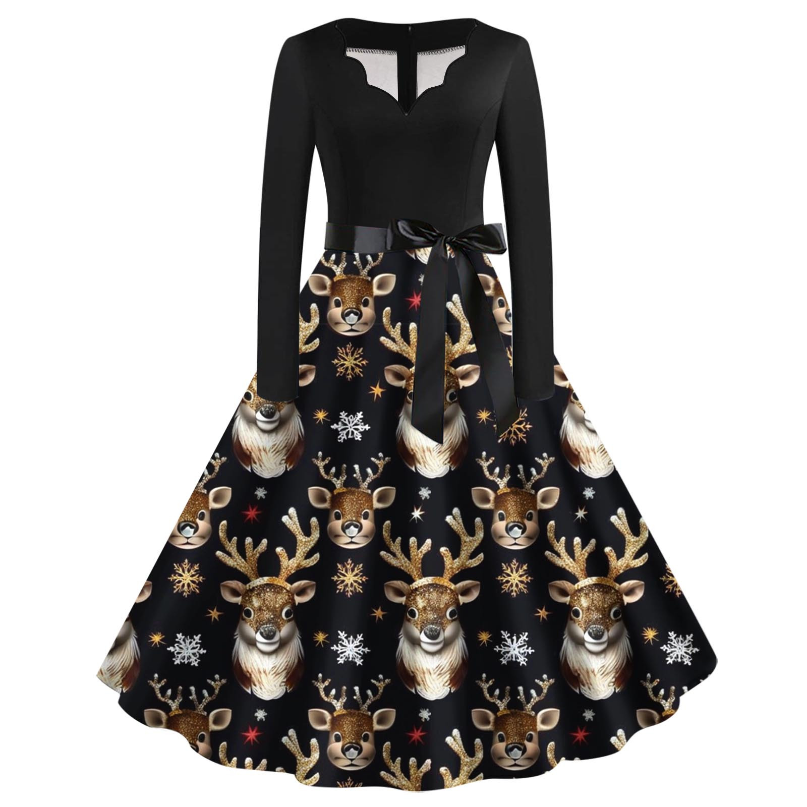 EINCcm Christmas Dress Womens Long Sleeve V Neck Pleated Prom Hepburn — free download