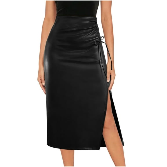 EINCcm Faux Leather High Waist Drawstring Split Maxi Skirt for Women Casual Asymmetrical Side Slit Work Going Out Bodycon Skirt