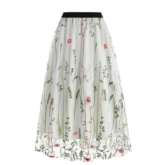 EINCcm Floral Embroidered Midi Skirts for Women Embroidery Skirt Elastic Waist Vintage Tulle Skirt Wedding Prom Flare A-Line Flower Skirt