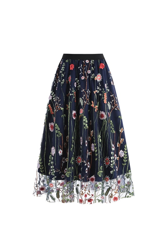 Floral Embroidered Midi Skirts for Women Embroidery Skirt Elastic Waist Vintage Tulle Skirt Wedding Prom Flare A-Line Flower Skirt