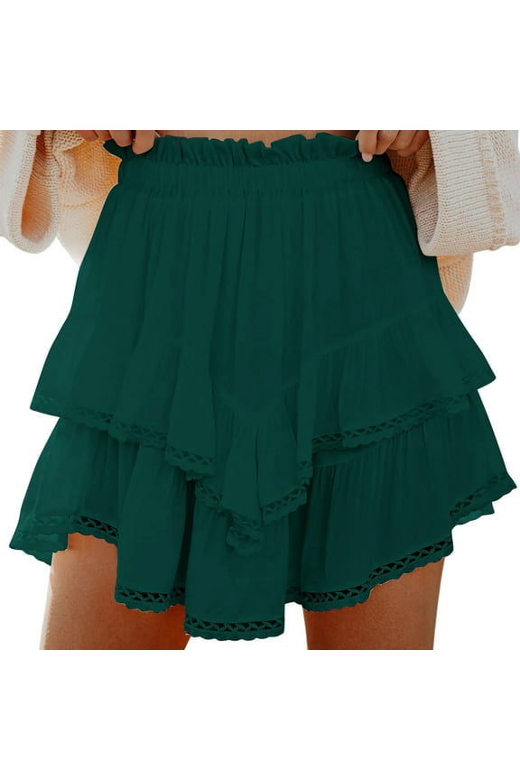 Flowy Mini Skirt for Women Casual Boho Ruffle Tiered Skirts High Waist Mini Skirts Eyelet Lace Trim Short Skirts