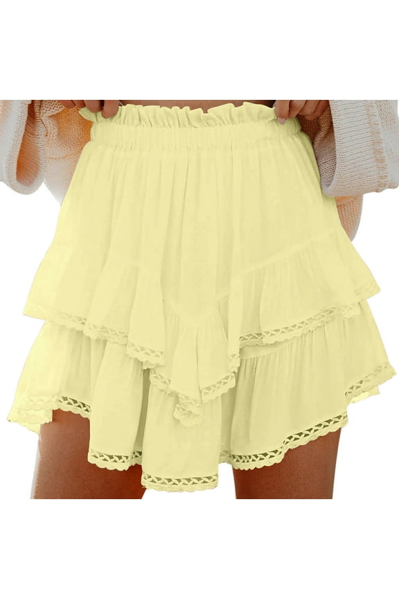 Flowy Mini Skirt for Women Casual Boho Ruffle Tiered Skirts High Waist Mini Skirts Eyelet Lace Trim Short Skirts