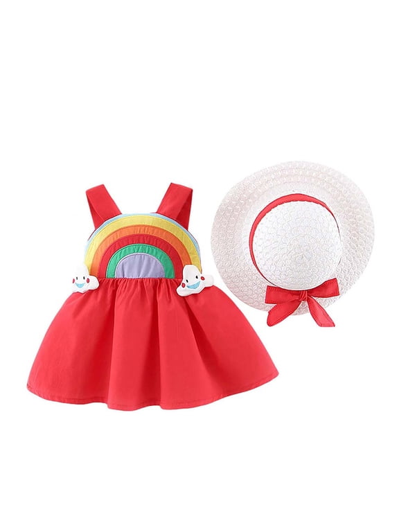 Girls Summer Dress Princess Dresses for Girls Summer Pure Color Rainbow Cloud Print Dress Suspender Skirt with Hat, for Toddler Baby Girls, Red, 6-12 Months