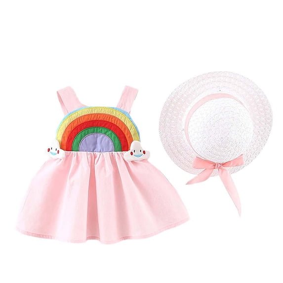 EINCcm Girls Summer Dress Princess Dresses for Girls Summer Pure Color Rainbow Cloud Print Dress Suspender Skirt with Hat, for Toddler Baby Girls, Pink, 6-12 Months
