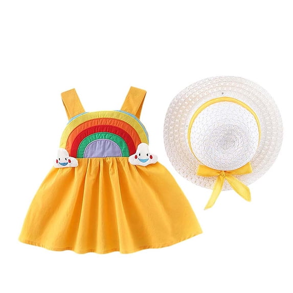 EINCcm Girls Summer Dress Princess Dresses for Girls Summer Pure Color Rainbow Cloud Print Dress Suspender Skirt with Hat, for Toddler Baby Girls, Yellow, 2-3 Years
