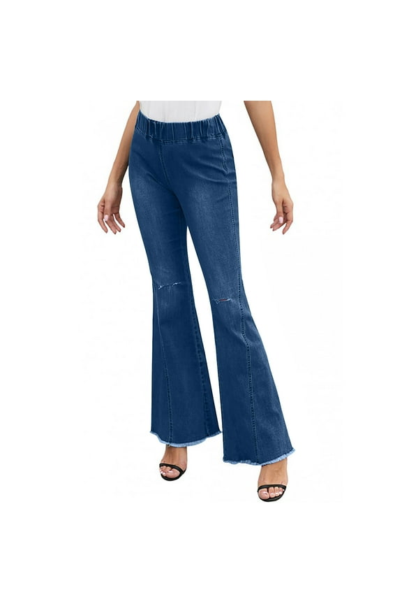 Jeans for Women High Waisted Bell Bottom Flare Classic Denim Pants Hem Raw Fringe Pant Fashion