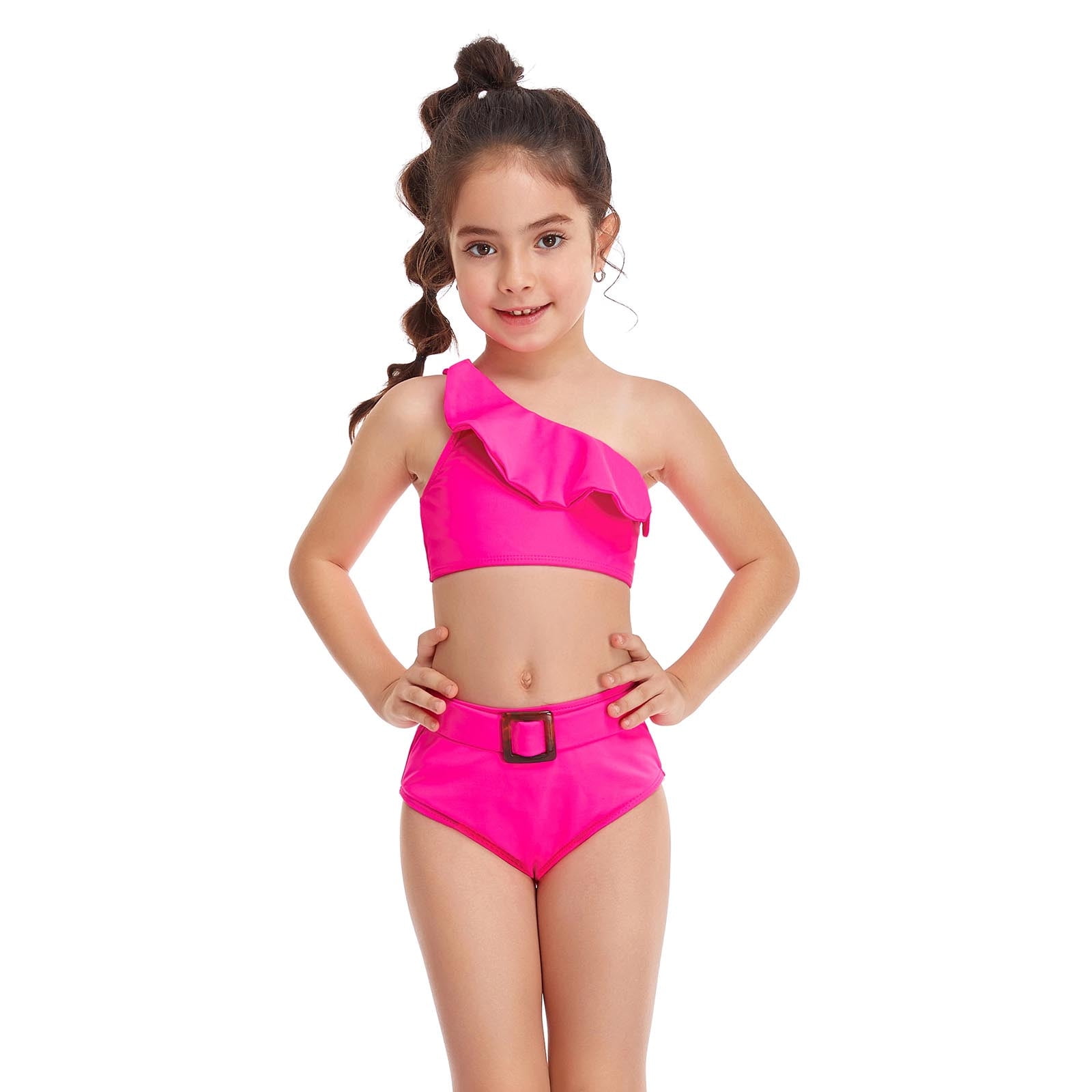 Miccostumes Swimsuits Cute Pink for Bathing Ruffled Bikini Set Lace-up Top  and Shorts Two Piece Bathing Suit Swimwear