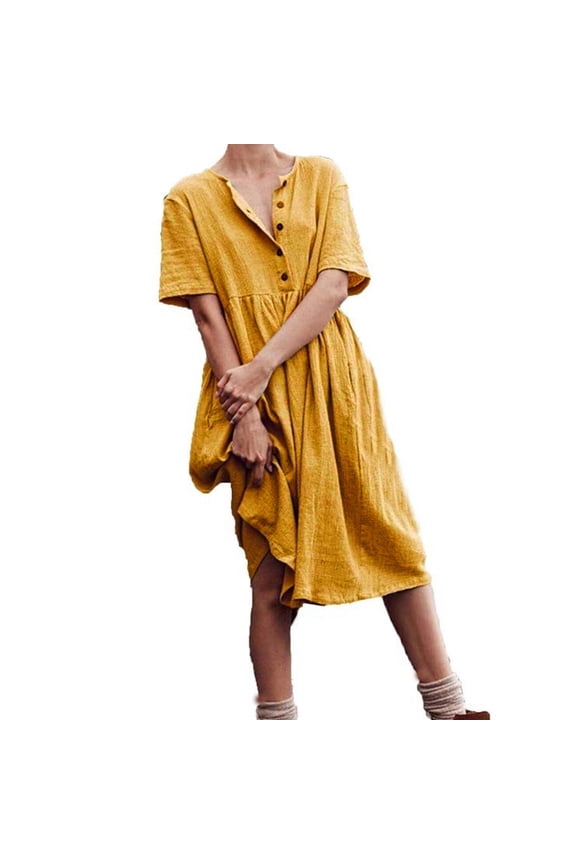 Linen Midi Dress for Womens Short Sleeve Crew Neck Pleated Half Button Long Tunic Dress Casual Summer Loose Beach Dress