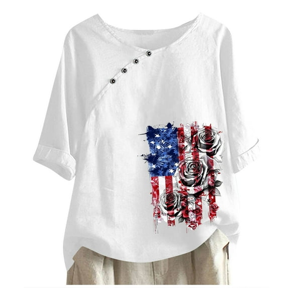 EINCcm Linen Tops for Women Plus Size 3/4 Sleeve Dandelion Graphic Print Crewneck Vintage Blouse Shirts Tops