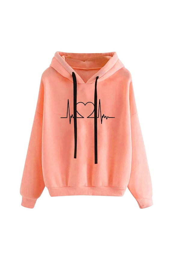 Loose Fit Hoodies For Women Spring Fall Fashion Sweatshirt Tops Casual Long Sleeve Hooded Blouse Heart Print Pullover