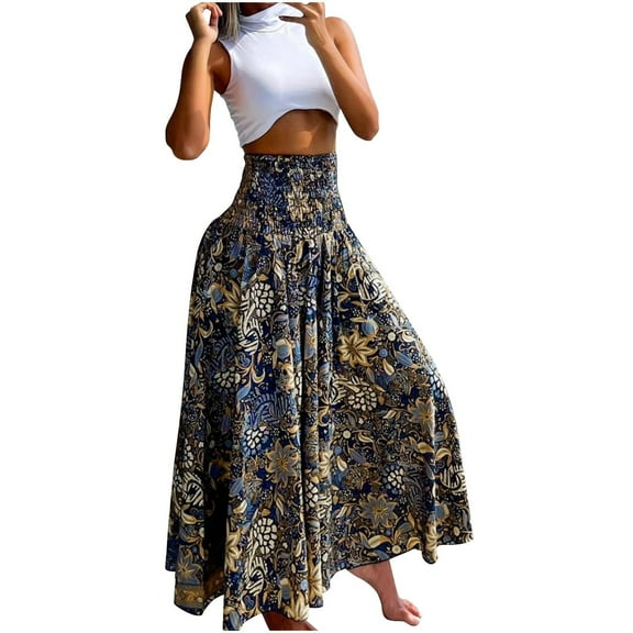 EINCcm Maxi Skirts for Women Elastic High Waist Long Ankle Length Casual Floral Skirts for Beach Party Holiday