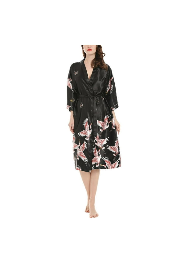 Midi Kimono Robe Satin Sleepwear Blouse Bathrobe Nightgown Floral Crane Kimono Cardigan Dressing Gown Kimono Bathrobe Long Robe Pajamas