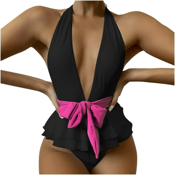 EINCcm Monokini Swimsuits for Women, Push Up Swimsuit, Women's Bikini Solid Set Swimsuit One-Piece Filled Bra Swimwear Beachwear, Black, S