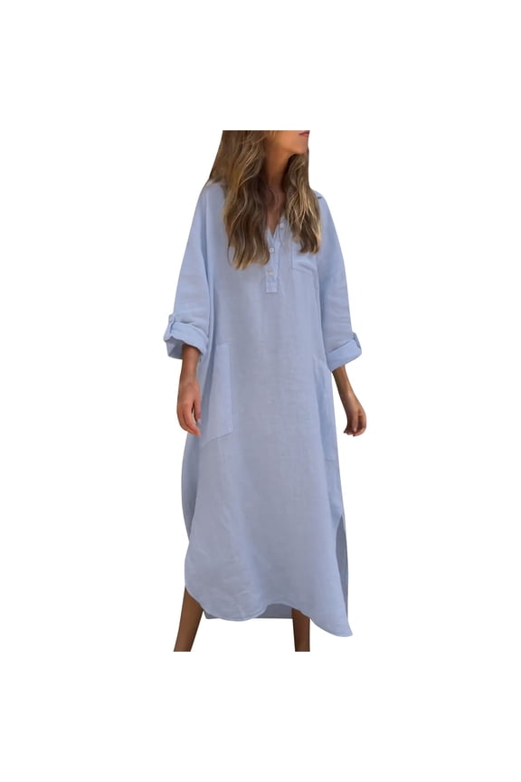 Plain Maxi Long Dress Women's Linen Cotton 3/4 Sleeve V Neck Casaul Oversized Dress with Pockets