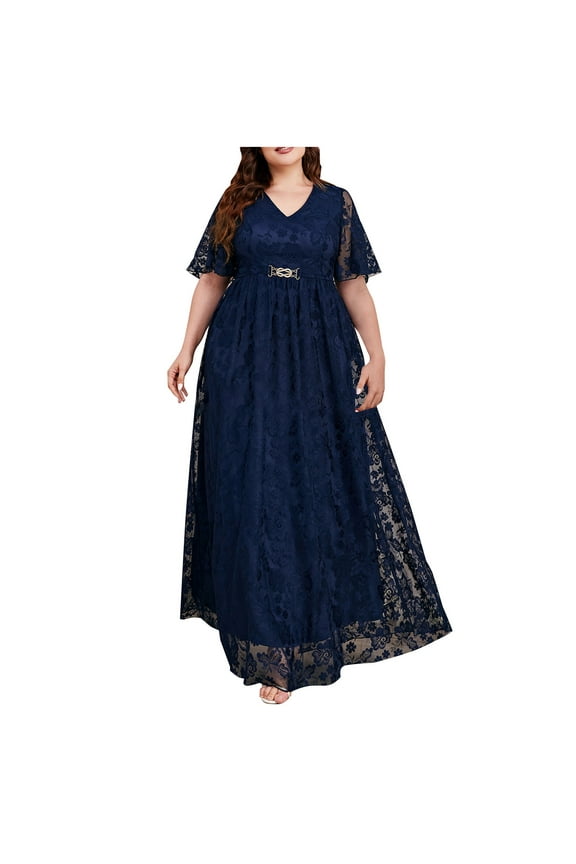 Plus Size Dresses for Wedding Guest Cocktail Semi Formal Lace Embroidered Summer Wrap V Neck Short Sleeve Maxi Dress