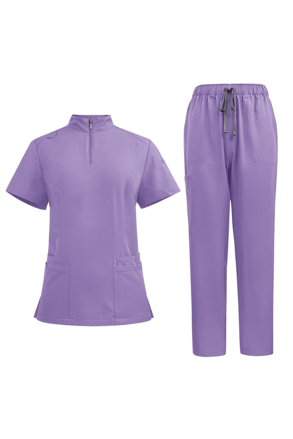 Scrubs for Women Set of 2 Stretch Zipper High Neck Short Sleeve Scrub Tops with Pockets Pant Quick Drying Solid Nurse Uniform Set