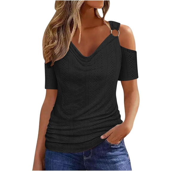 EINCcm Sexy Cold Shoulder Tops for Women 2024 Summer Hollow Out Eyelet Short Sleeve Tshirts Going Out Blouses Ladies Tunic Tops